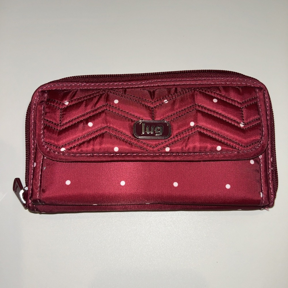 LUG Kickflip Burgundy‎ Pink Dots Quilted Medium Crossbody RFID Wallet